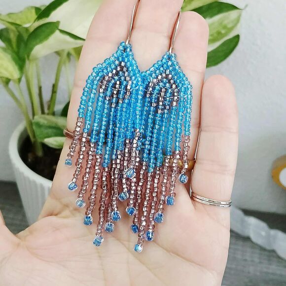 Blue & Pink Beaded Fringe Cascade Dangle Earrings, Seed Bead Jewelry, 4" - Picture 7 of 8